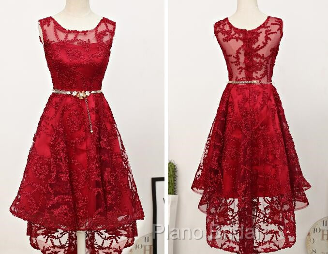 Dark Red High Low Lace Party Dresses Homecoming Dresses, Red Short Formal Prom Dresses Secondary image