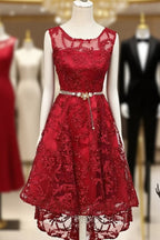 Dark Red High Low Lace Party Dresses Homecoming Dresses, Red Short Formal Prom Dresses