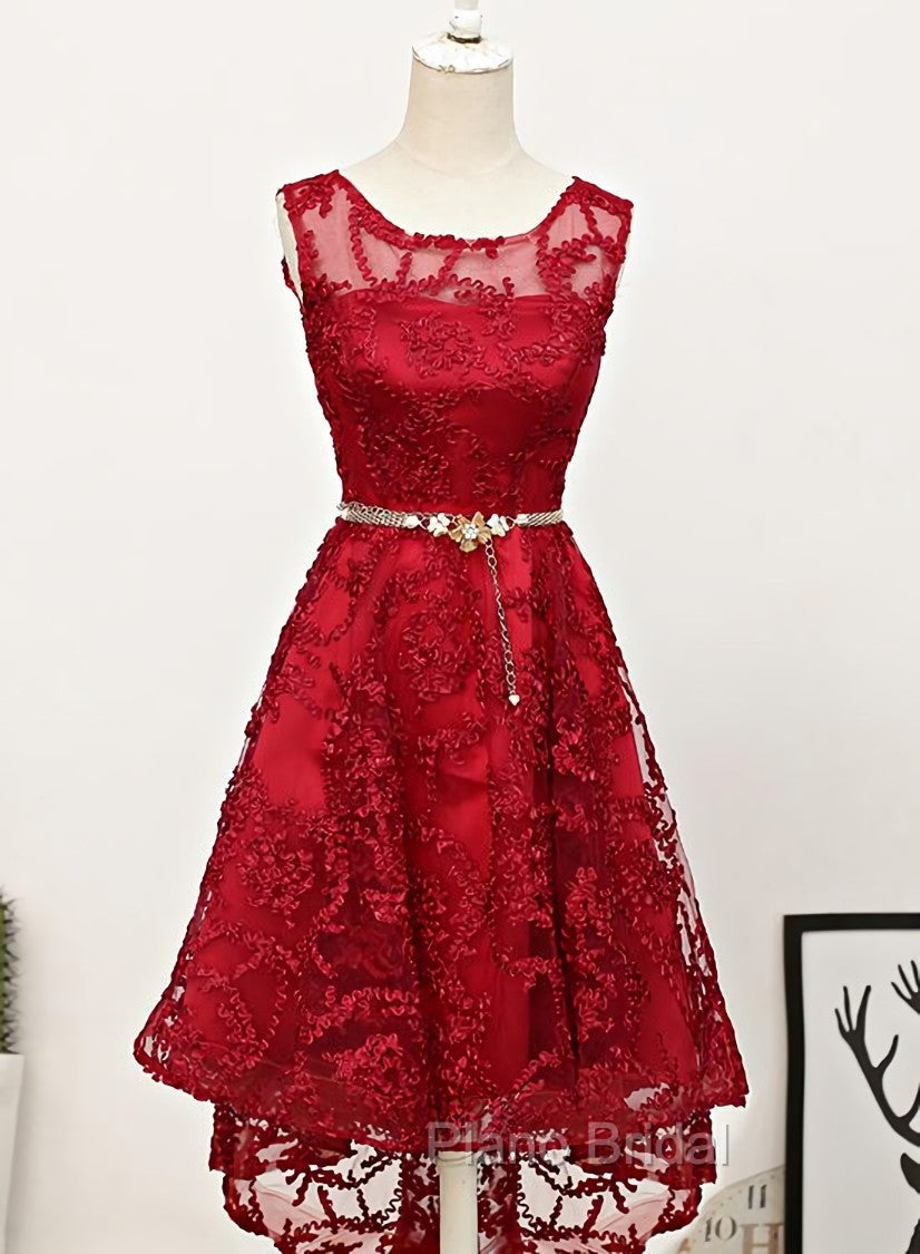 Dark Red High Low Lace Party Dresses Homecoming Dresses, Red Short Formal Prom Dresses Main image