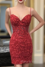 Dark Red Homecoming Dresses, Corset Tight Short Mini Dresses with Appliques