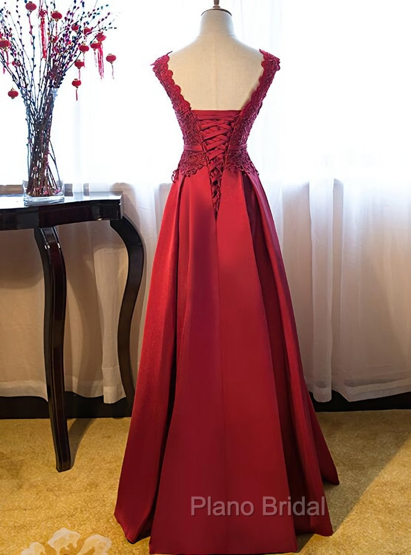 Dark Red Lace Long Junior Formal Prom Dresses, Lace Top Party Dresses