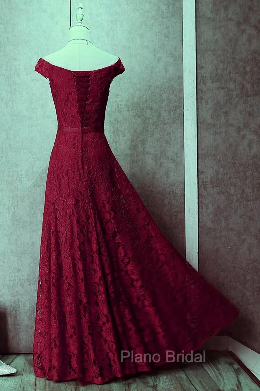 Dark Red Lace Off Shoulder Bridesmaid Dresses, Long Formal Prom Dresses Secondary image