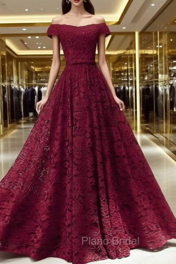 Dark Red Lace Off Shoulder Bridesmaid Dresses, Long Formal Prom Dresses Main image