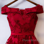 Dark Red Lace Off Shoulder Short Party Dresses Formal Dresses, Wine Red Homecoming Dresses