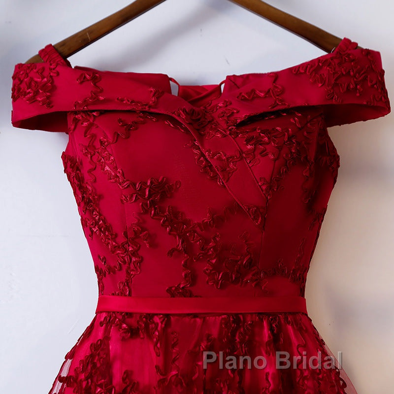 Dark Red Lace Off Shoulder Short Party Dresses Formal Dresses, Wine Red Homecoming Dresses