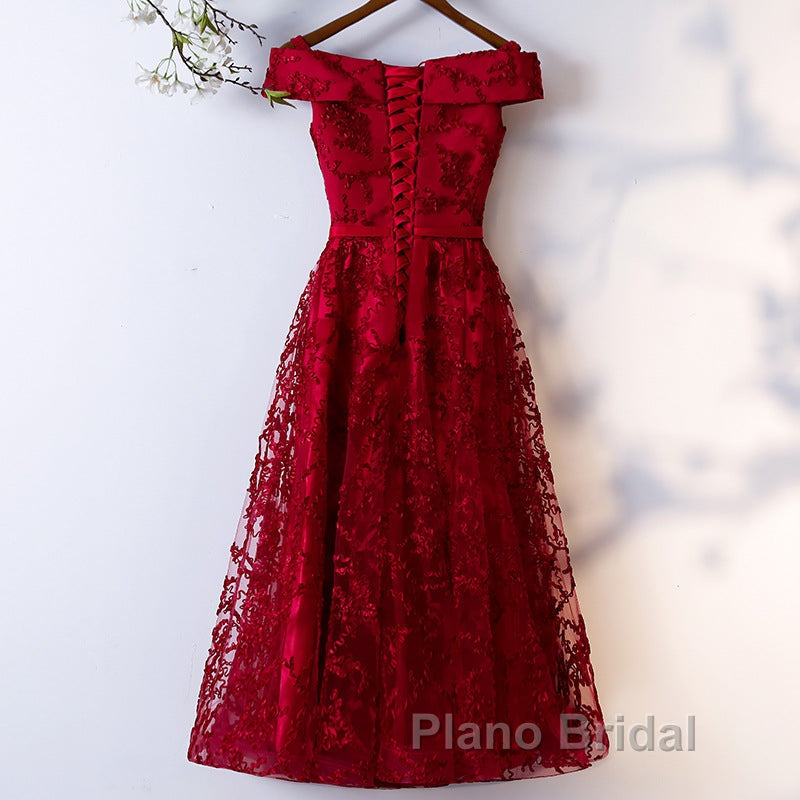 Dark Red Lace Off Shoulder Short Party Dresses Formal Dresses, Wine Red Homecoming Dresses