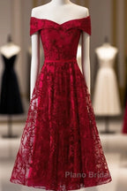 Dark Red Lace Off Shoulder Short Party Dresses Formal Dresses, Wine Red Homecoming Dresses
