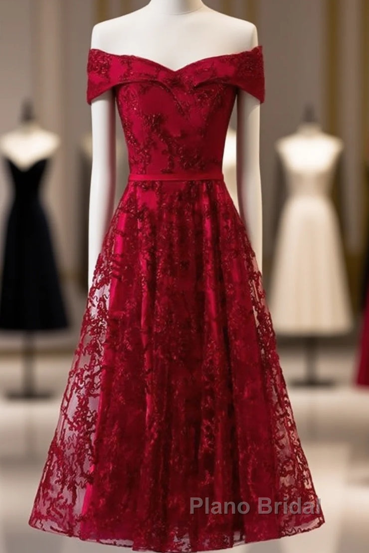 Dark Red Lace Off Shoulder Short Party Dresses Formal Dresses, Wine Red Homecoming Dresses