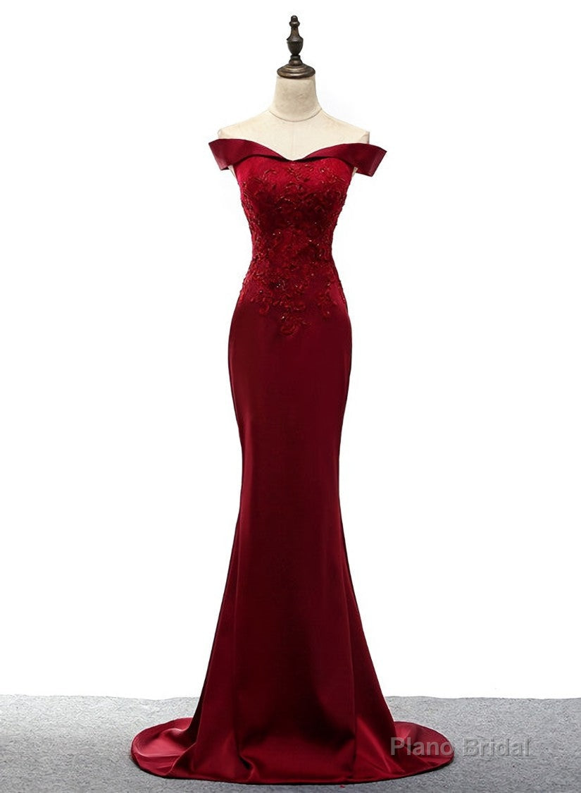 Dark Red Mermaid Satin Long Party Dress, Off Shoulder Evening Dress Secondary image