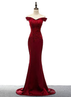 Dark Red Mermaid Satin Long Party Dress, Off Shoulder Evening Dress
