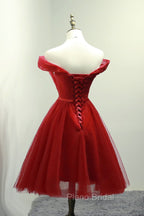 Dark Red Off the Shoulder Tulle Knee Length Party Dresses, Red Homecoming Dresses