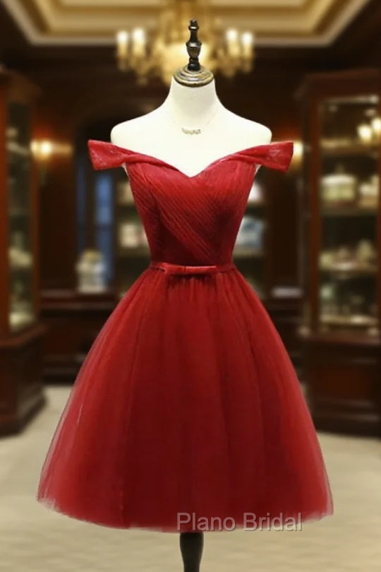 Dark Red Off the Shoulder Tulle Knee Length Party Dresses, Red Homecoming Dresses Main image