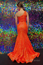 Dark Red One Shoulder Sequined Mermaid Prom Dress