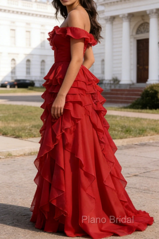 Dark Red Ruffled A-Line Square Neck Long Prom Dress Secondary image