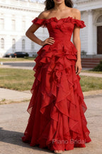Dark Red Ruffled A-Line Square Neck Long Prom Dress