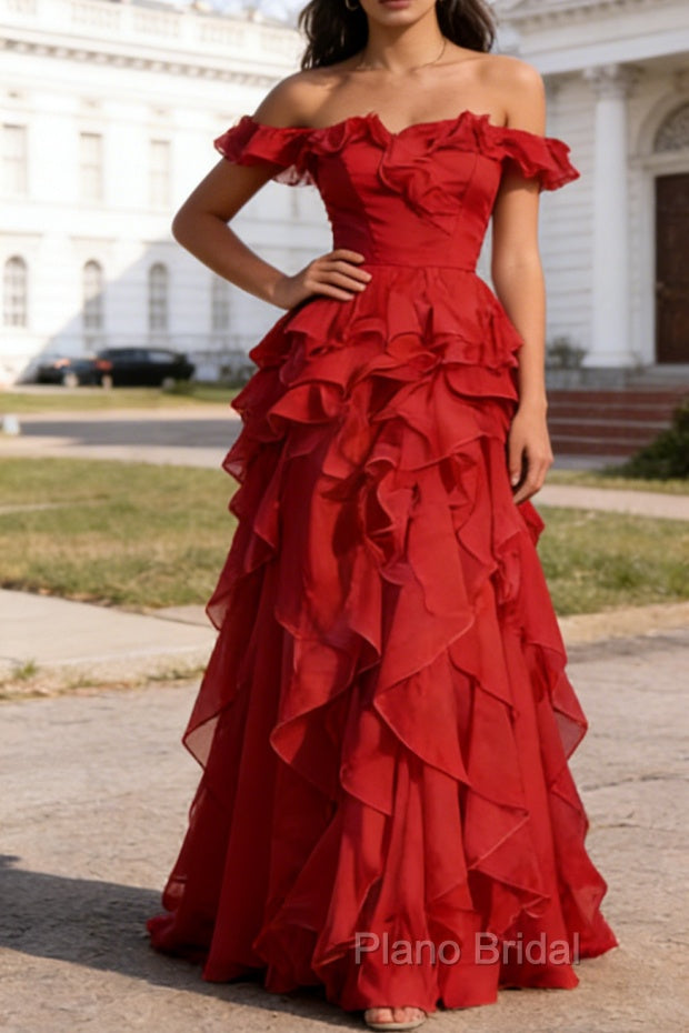 Dark Red Ruffled A-Line Square Neck Long Prom Dress
