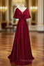 Dark Red Satin A-line Floor Length Evening Dresses, Wine Red Wedding Party Dresses
