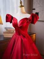 Dark Red Satin Long Formal Prom Dresses, Off The Shoulder A-Line Formal Dresses