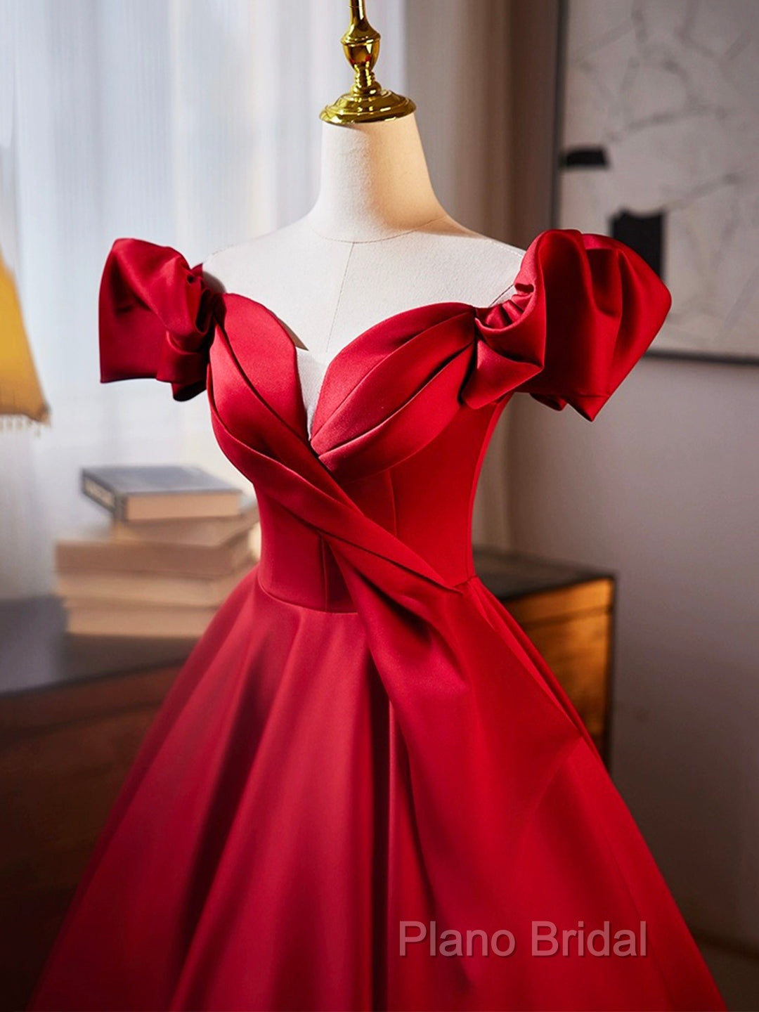 Dark Red Satin Long Formal Prom Dresses, Off The Shoulder A-Line Formal Dresses