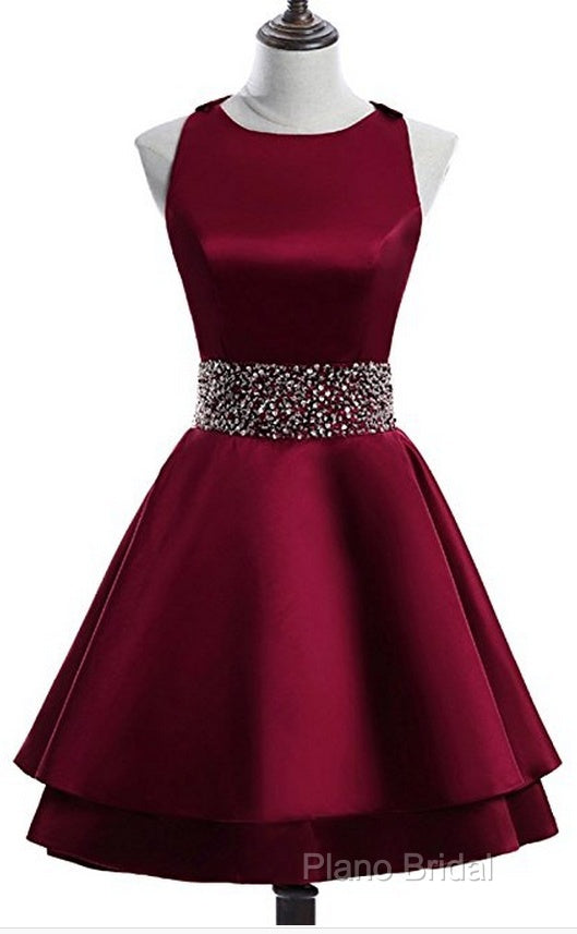 Dark Red Satin Short Two Layered Homecoming Dresses, O-Neckline Party Dresses, Short Formal Dresses Secondary image