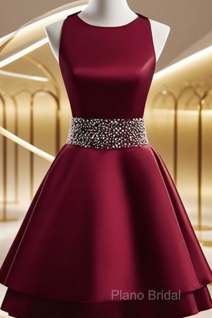 Dark Red Satin Short Two Layered Homecoming Dresses, O-Neckline Party Dresses, Short Formal Dresses