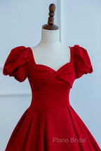 Dark Red Short Sleeve Long Formal Prom Dresses, Beautiful A-Line Formal Party Dresses