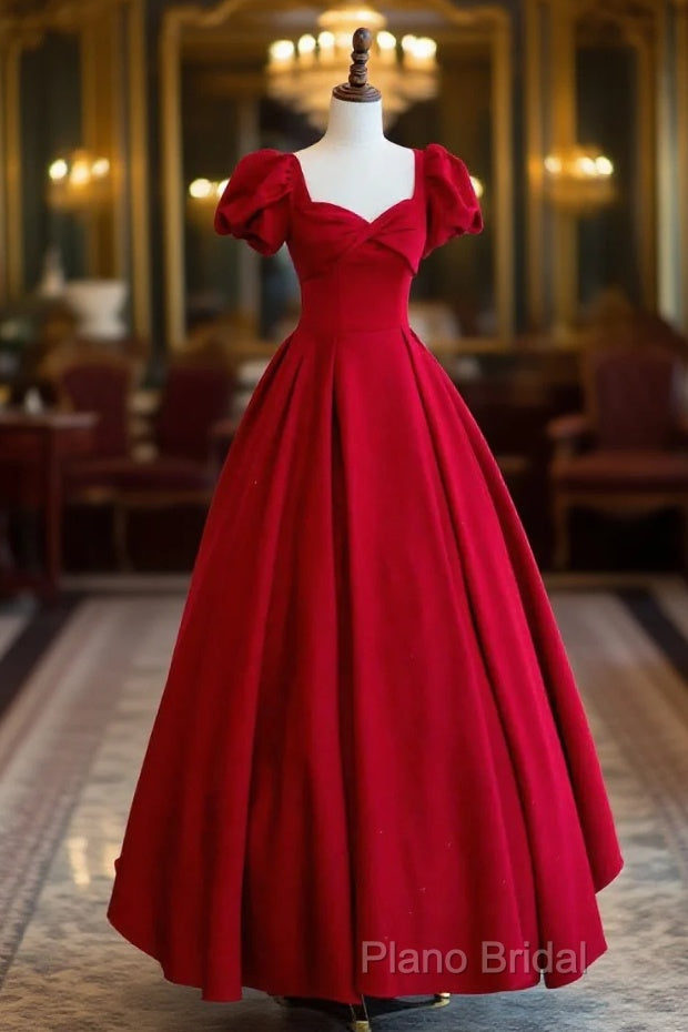 Dark Red Short Sleeve Long Formal Prom Dresses, Beautiful A-Line Formal Party Dresses