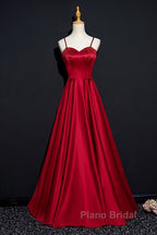 Dark Red Straps Beaded Sweetheart Satin Long Party Dresses, Wine Red Formal Prom Dresses