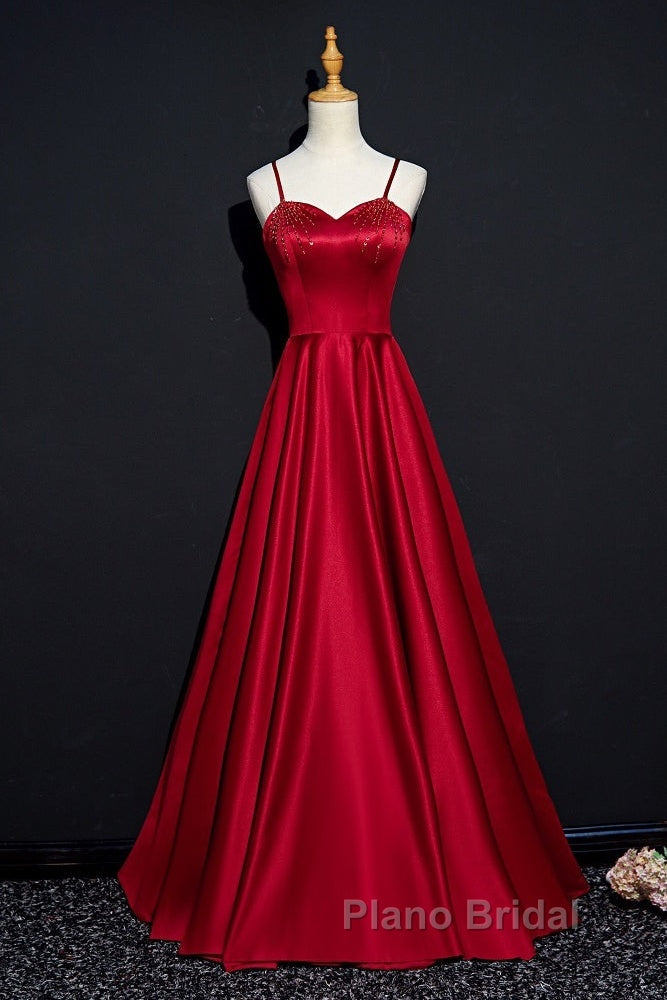 Dark Red Straps Beaded Sweetheart Satin Long Party Dresses, Wine Red Formal Prom Dresses