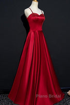 Dark Red Straps Beaded Sweetheart Satin Long Party Dresses, Wine Red Formal Prom Dresses