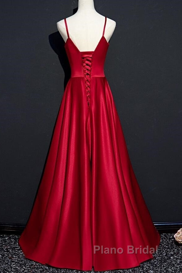 Dark Red Straps Beaded Sweetheart Satin Long Party Dresses, Wine Red Formal Prom Dresses