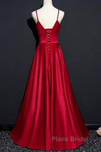 Dark Red Straps Beaded Sweetheart Satin Long Party Dresses, Wine Red Formal Prom Dresses