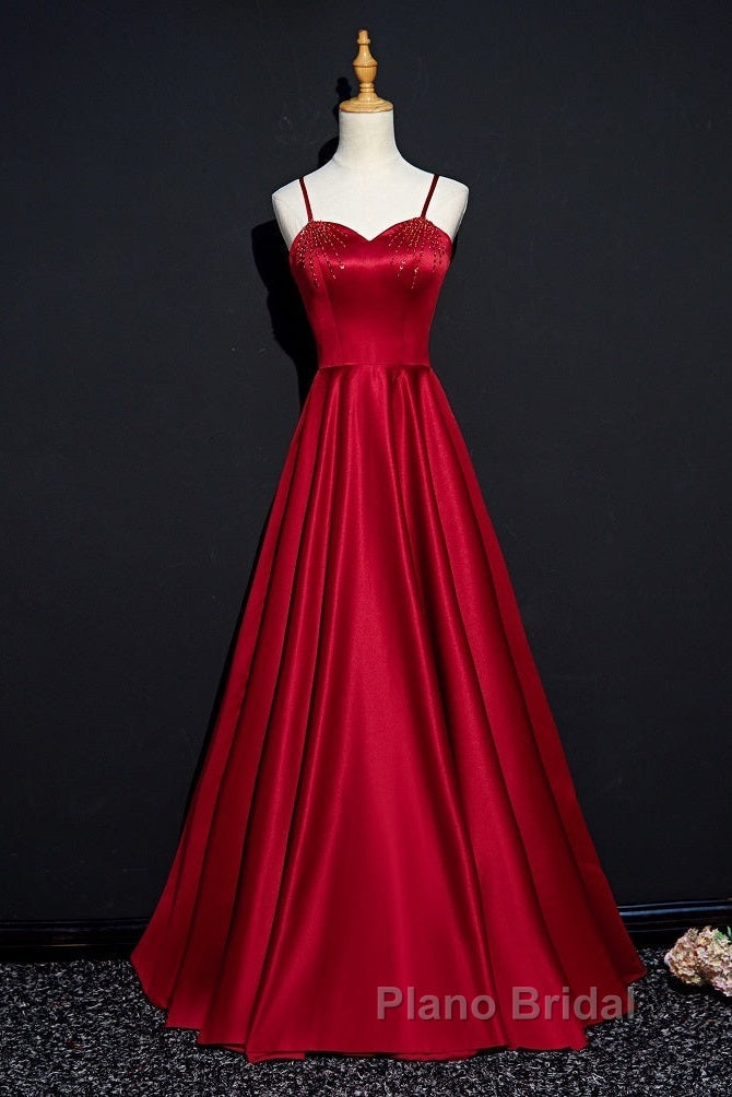 Dark Red Straps Beaded Sweetheart Satin Long Party Dresses, Wine Red Formal Prom Dresses