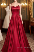 Dark Red Straps Beaded Sweetheart Satin Long Party Dresses, Wine Red Formal Prom Dresses