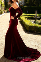 Dark Red Sweetheart A Line Long Velvet Dress with Long Sleeves