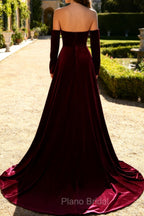 Dark Red Sweetheart A Line Long Velvet Dress with Long Sleeves