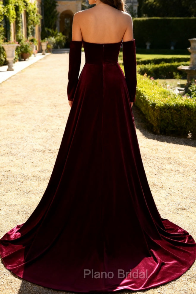 Dark Red Sweetheart A Line Long Velvet Dress with Long Sleeves