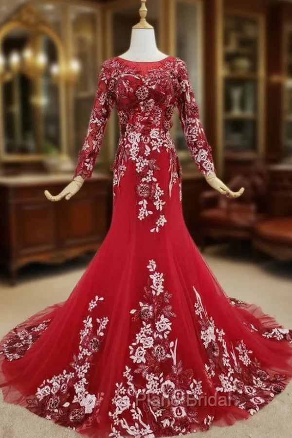 Dark Red Tulle Embroidery Appliques Long Sleeve Formal Prom Dresses Main image