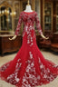 Dark Red Tulle Embroidery Appliques Long Sleeve Formal Prom Dresses