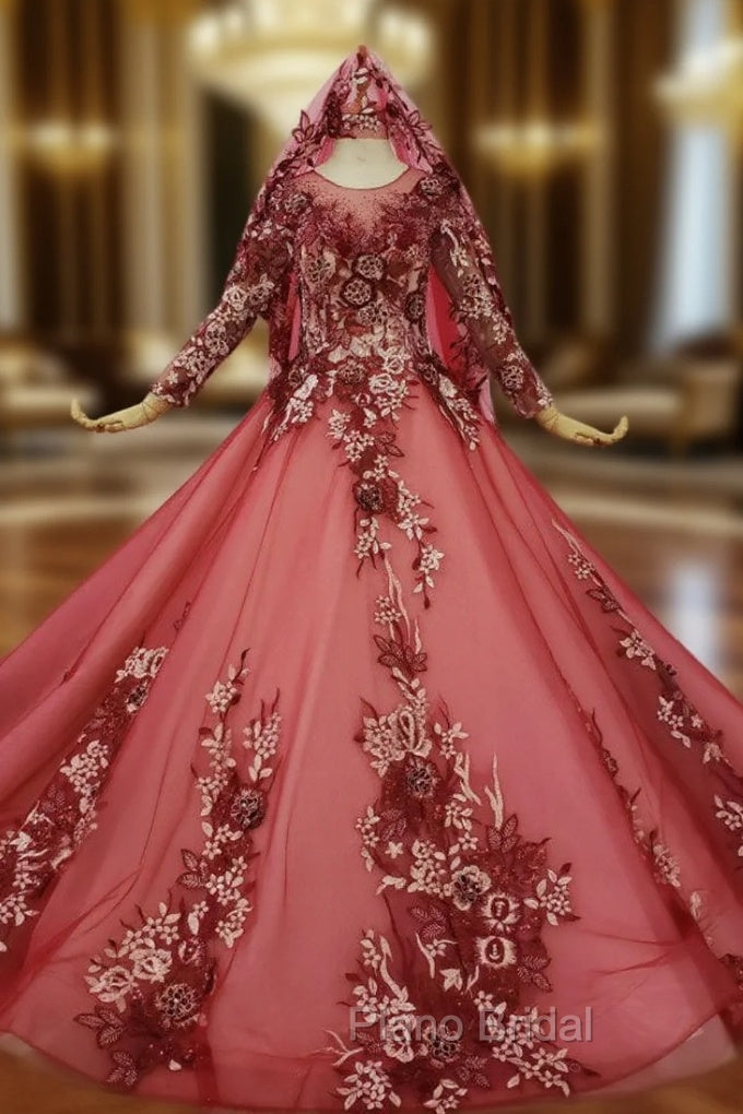 Dark Red Tulle Embroidery Appliques Long Sleeve Wedding Dresses Main image