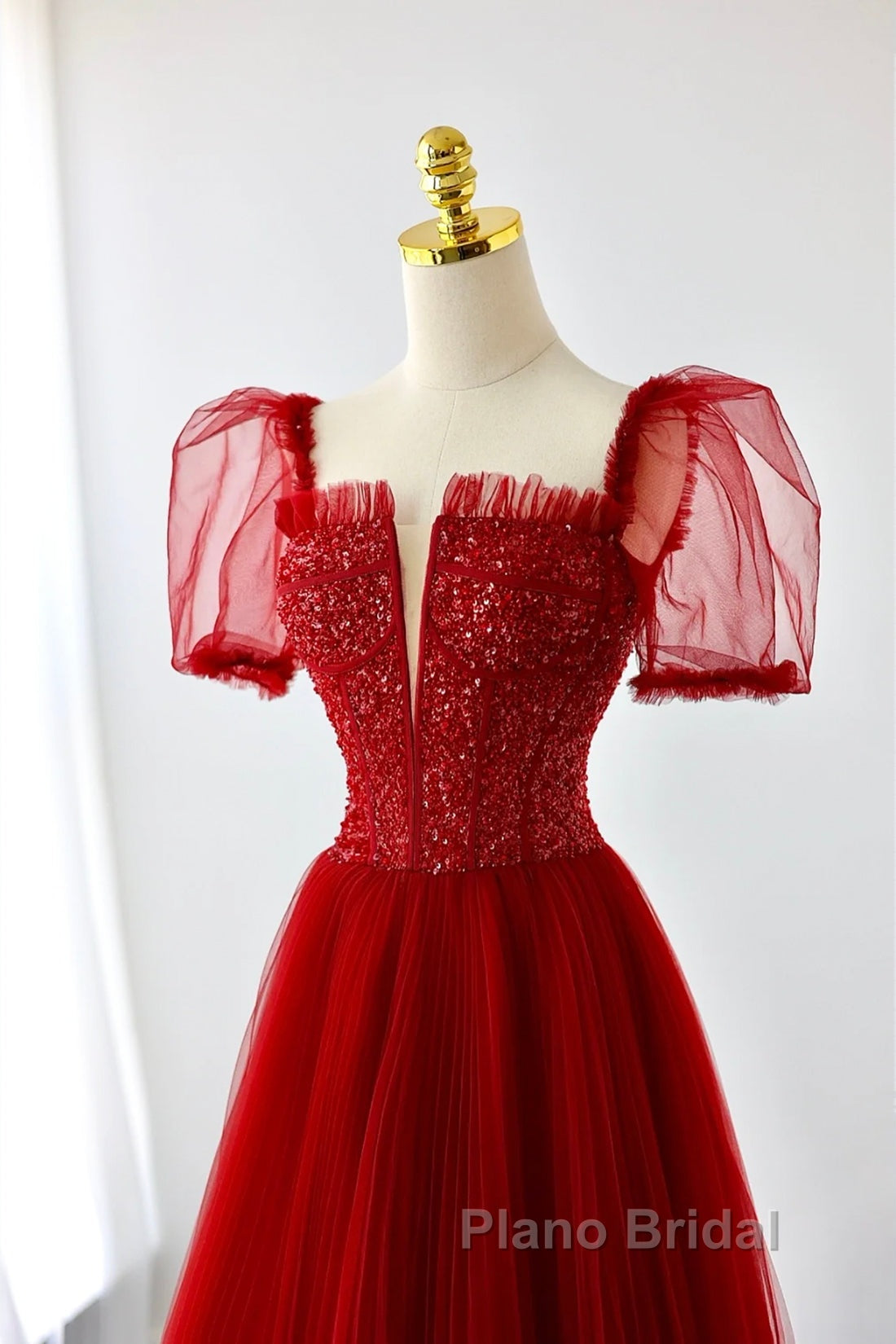 Dark Red Tulle Floor Length Formal Dresses, Beautiful A-Line Short Sleeve Evening Dresses With Beaded