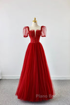 Dark Red Tulle Floor Length Formal Dresses, Beautiful A-Line Short Sleeve Evening Dresses With Beaded