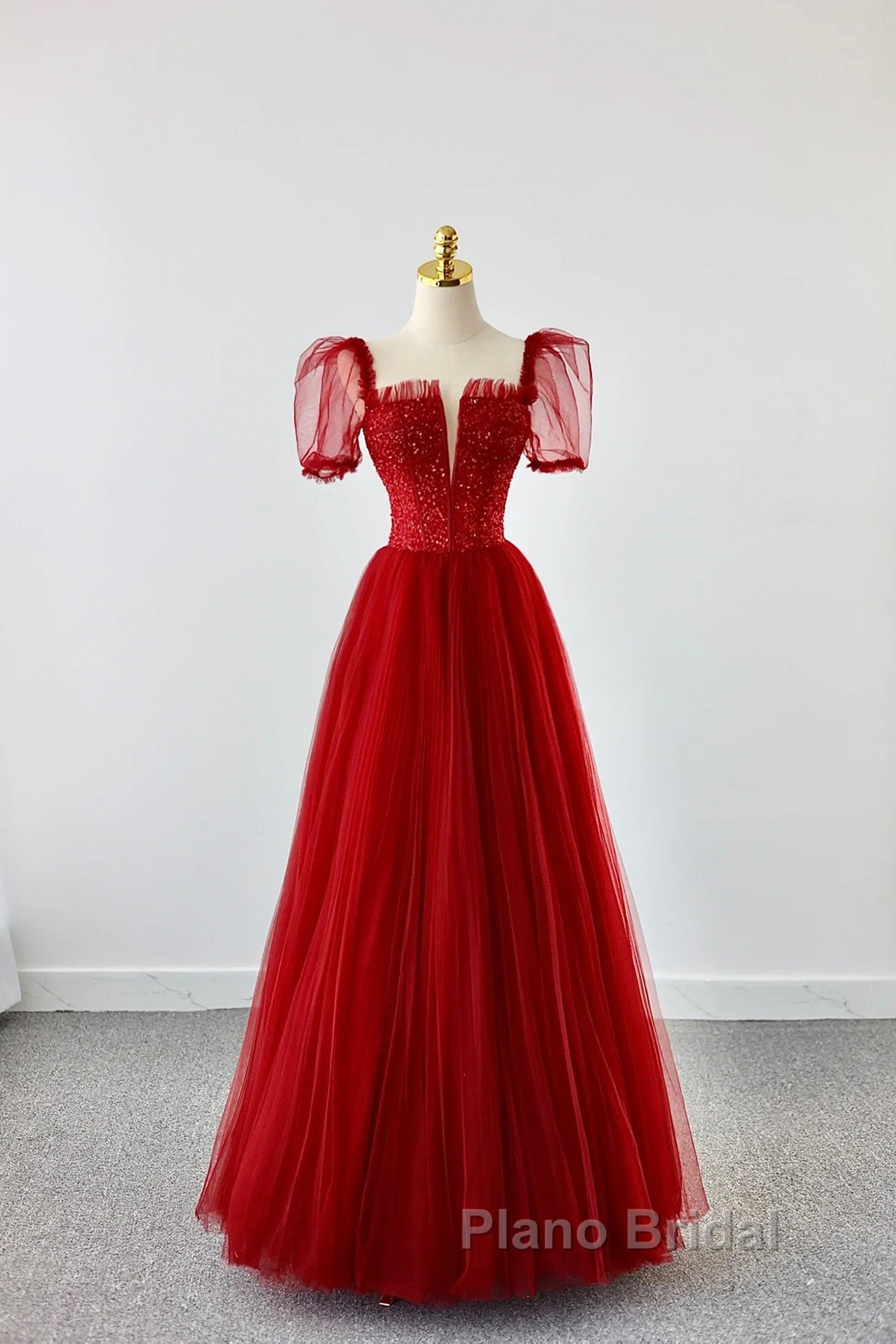 Dark Red Tulle Floor Length Formal Dresses, Beautiful A-Line Short Sleeve Evening Dresses With Beaded