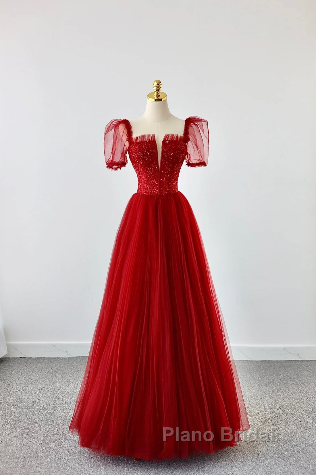 Dark Red Tulle Floor Length Formal Dresses, Beautiful A-Line Short Sleeve Evening Dresses With Beaded