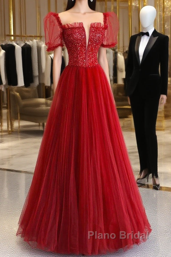 Dark Red Tulle Floor Length Formal Dresses, Beautiful A-Line Short Sleeve Evening Dresses With Beaded Main image