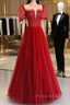 Dark Red Tulle Floor Length Formal Dresses, Beautiful A-Line Short Sleeve Evening Dresses With Beaded