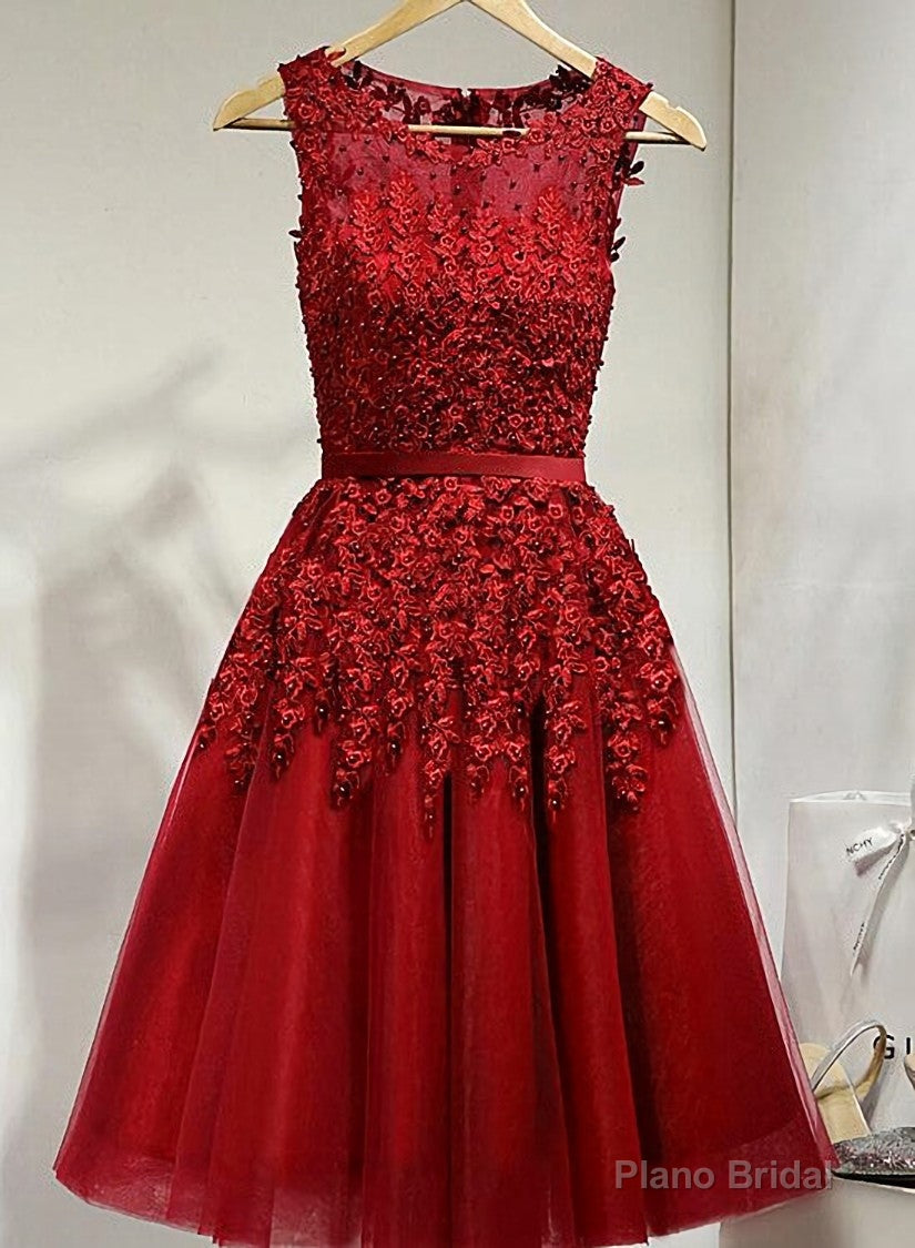 Dark Red Tulle Knee Length Party Dress, Wine Red Homecoming Dress