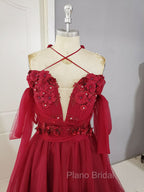 Dark Red Tulle Lace Long Formal Prom Dresses, Red Tulle Lace Evening Dresses
