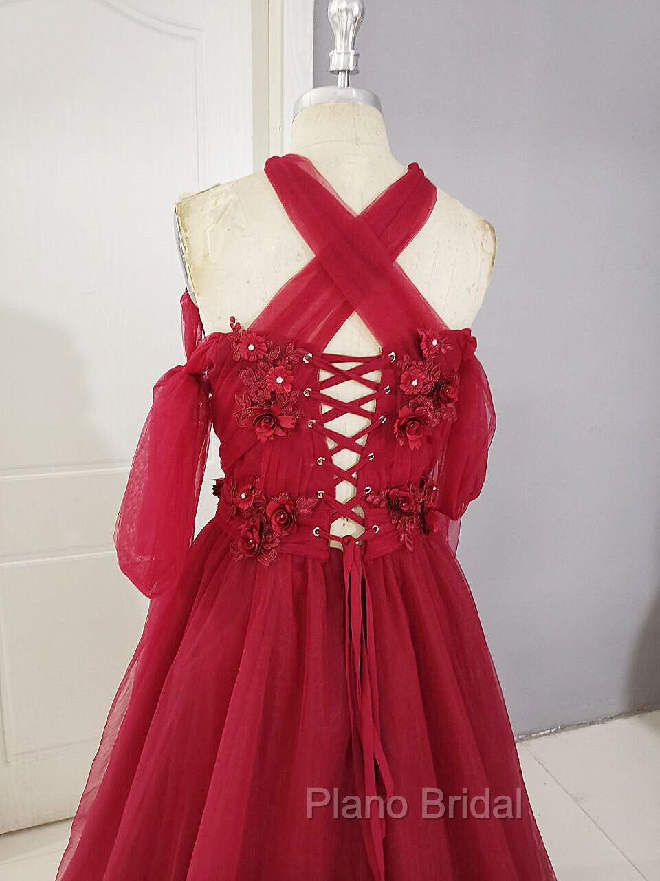 Dark Red Tulle Lace Long Formal Prom Dresses, Red Tulle Lace Evening Dresses