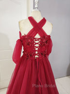 Dark Red Tulle Lace Long Formal Prom Dresses, Red Tulle Lace Evening Dresses